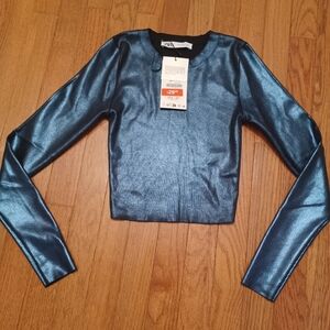 Zara Shimmery Blue Long-Sleeve Crop Top